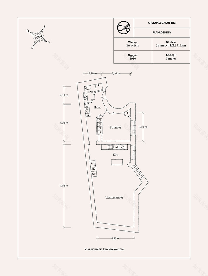 瑞典 71 平米绿色厨房不规则公寓设计-26