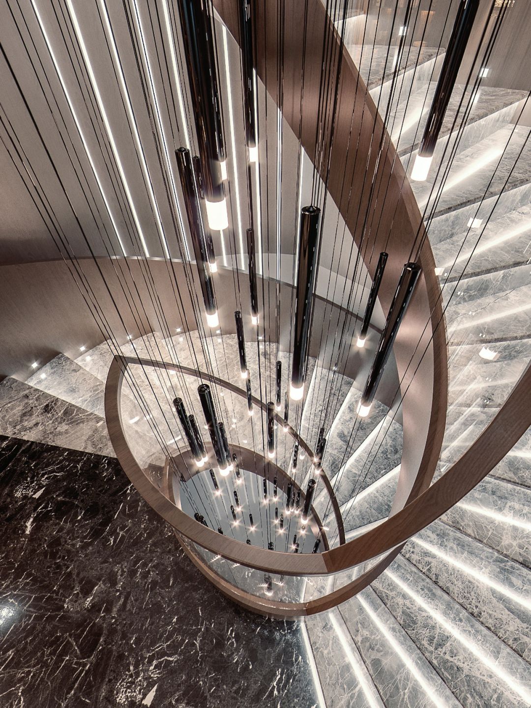 华美灯光旋转楼梯 现代轻奢风设计800㎡别墅-6