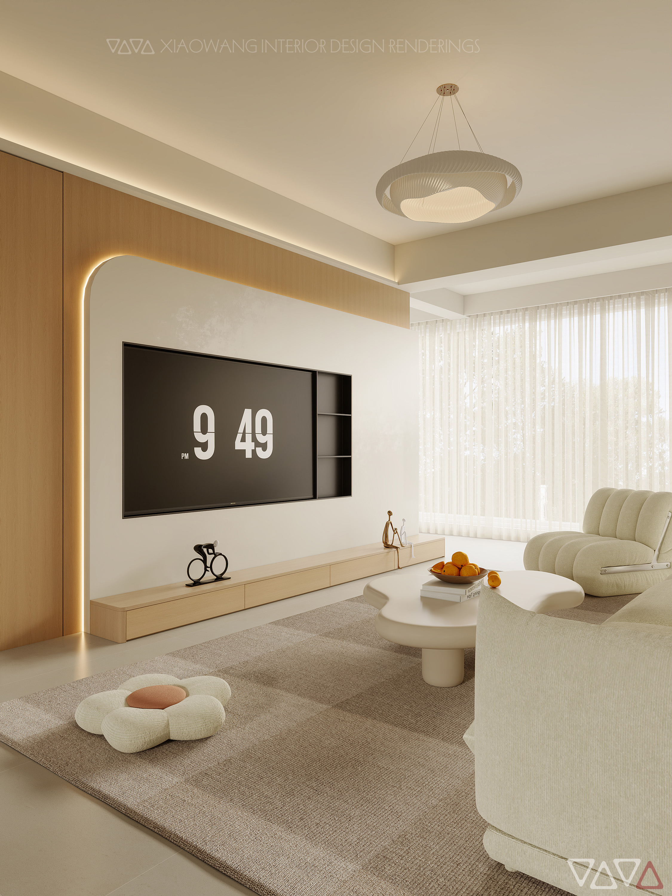 现代简约奶油风客餐厅效果图-4