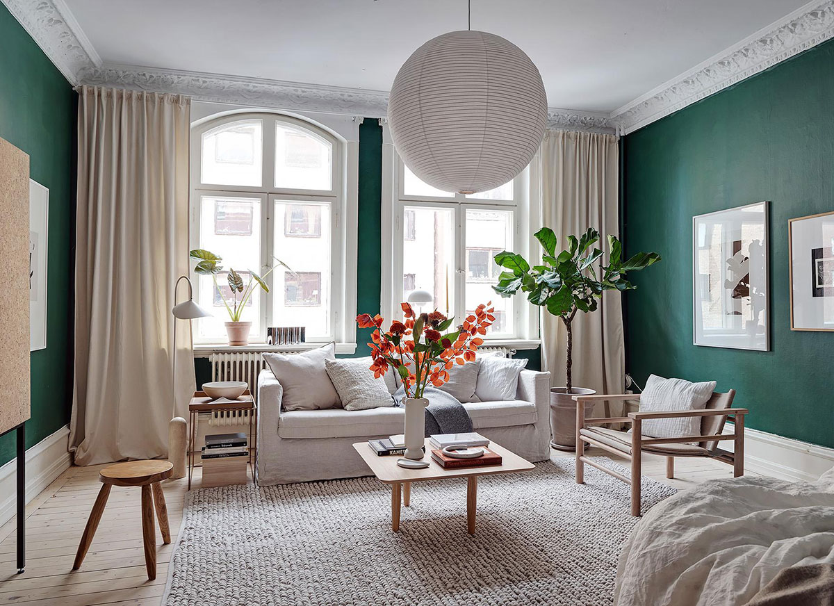哥德堡 47㎡小公寓 | 绿色墙壁搭配高天花板，视觉冲击力十足-6