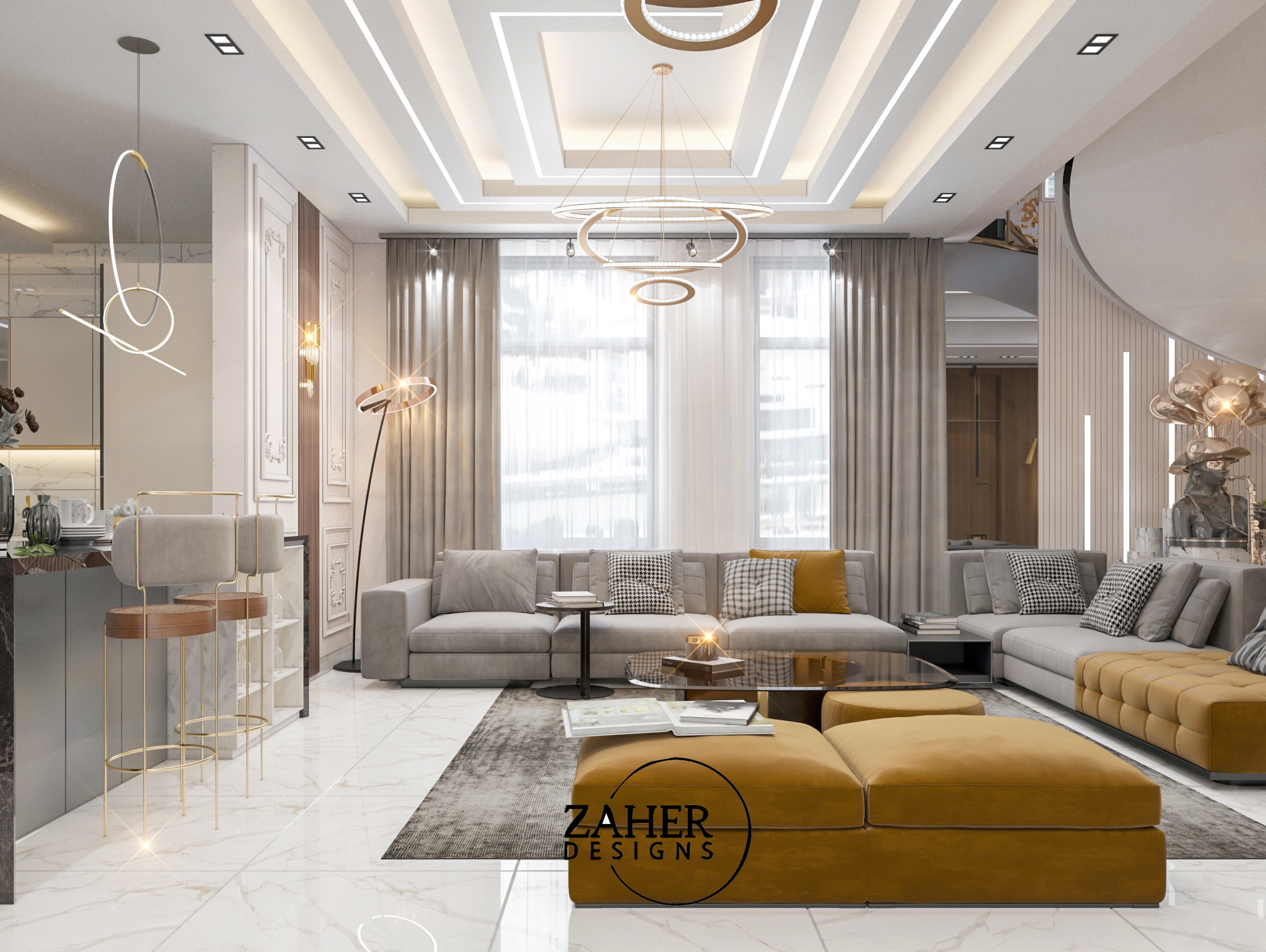 沙特阿拉伯豪华客厅与开放式厨房设计-6