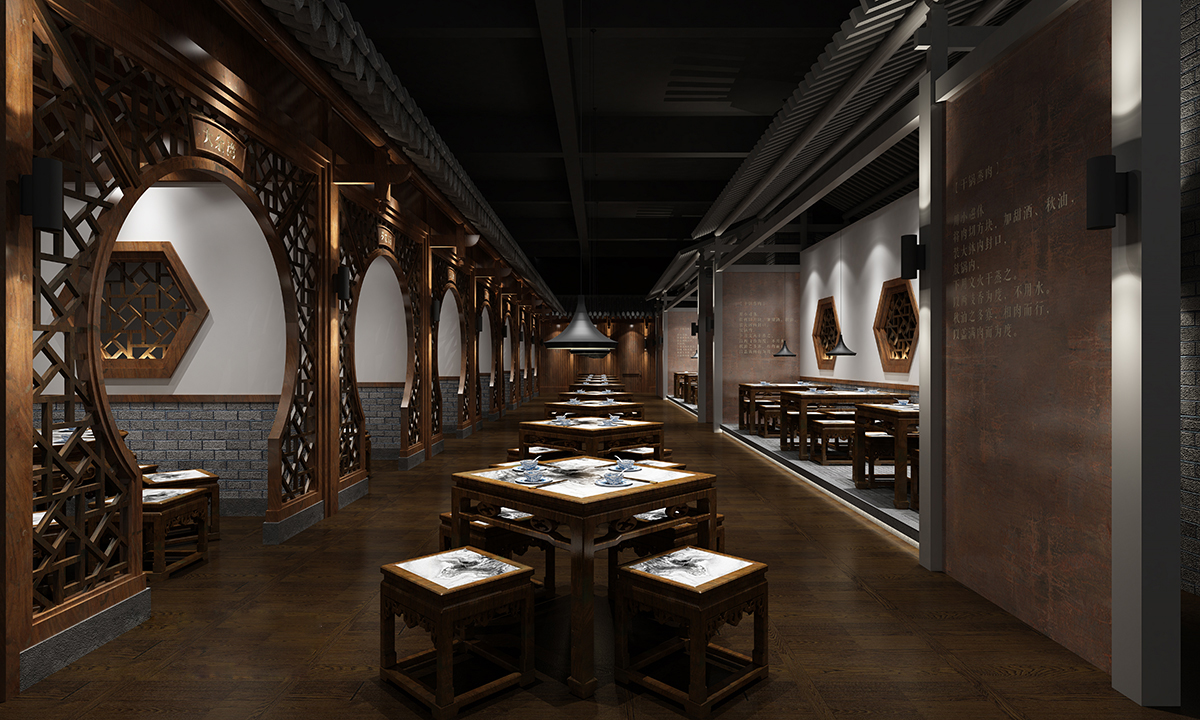 餐厅设计效果图中餐厅餐厅包间包房小吃店面馆工业主题餐厅-12