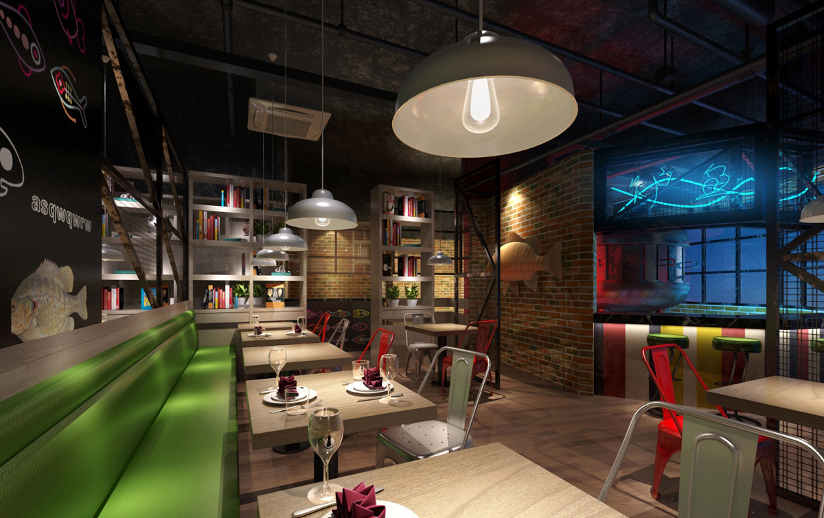 餐厅设计效果图中餐厅餐厅包间包房小吃店面馆工业主题餐厅-3-1