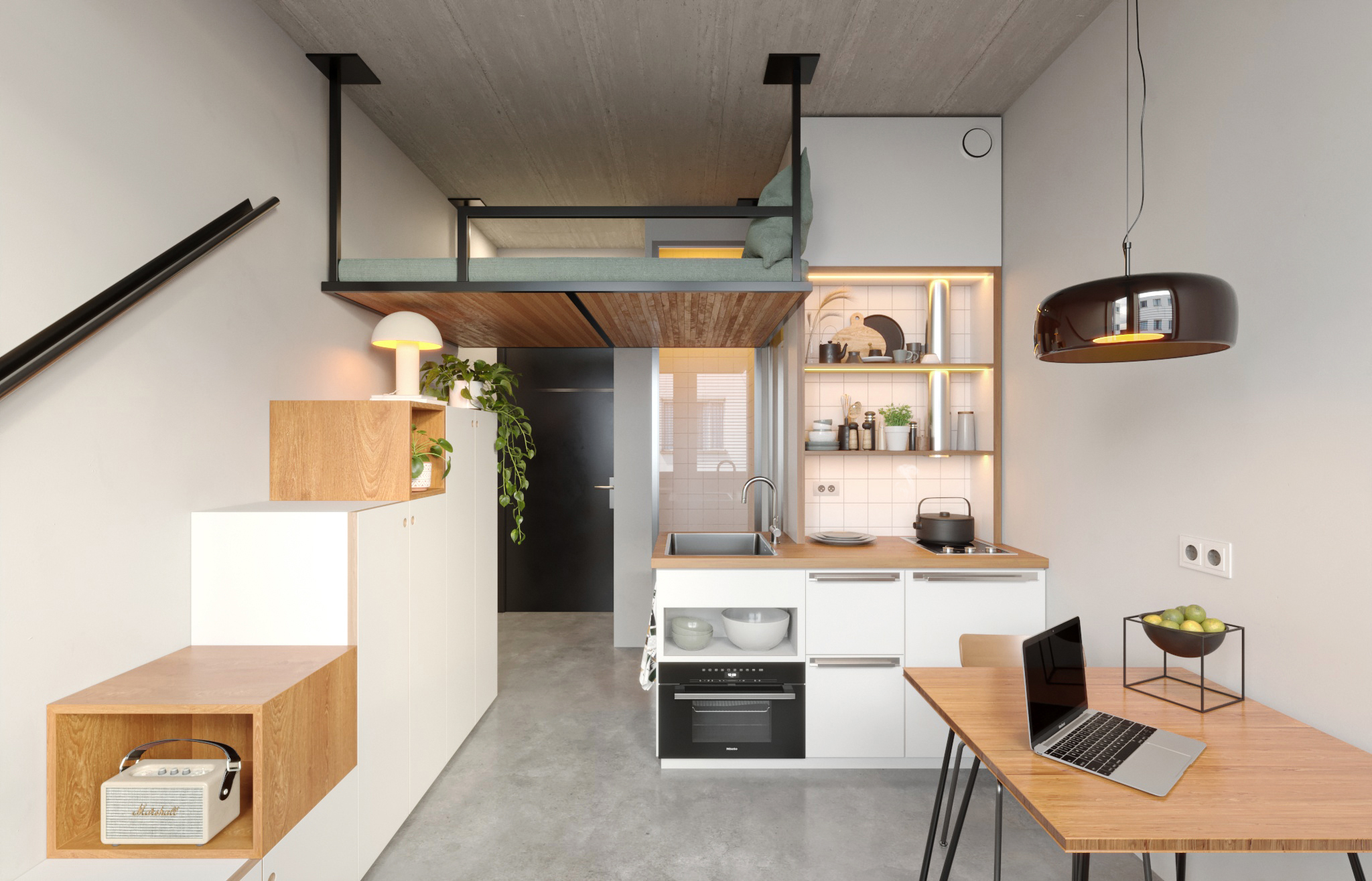 A Loft Bed Suspended From The Ceiling-0