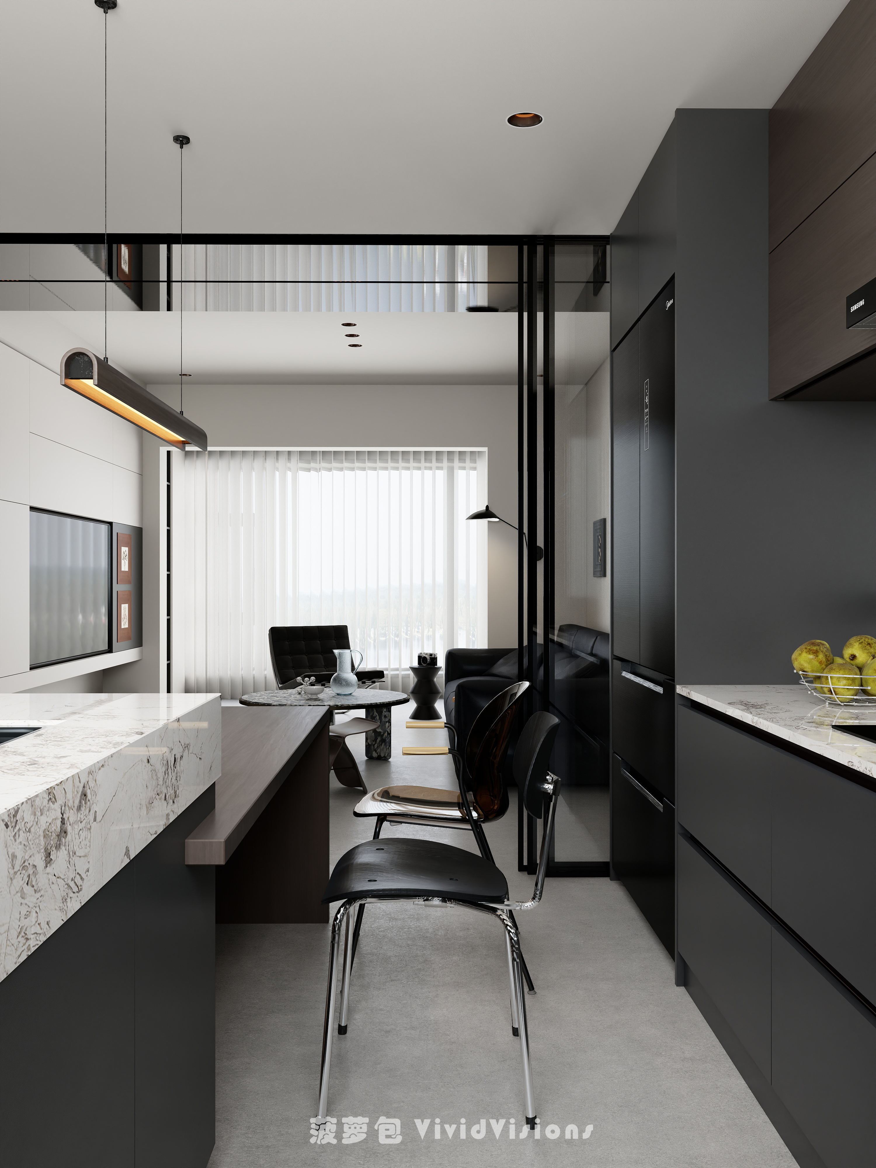 极简黑白客餐厅设计丨专业个人全职效果图代画-7