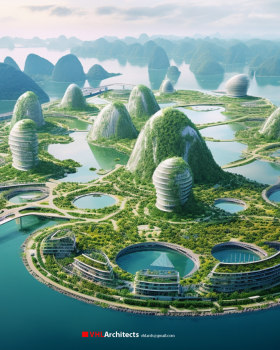 Smart City futuristic 2100 off the of Ha Long Bay