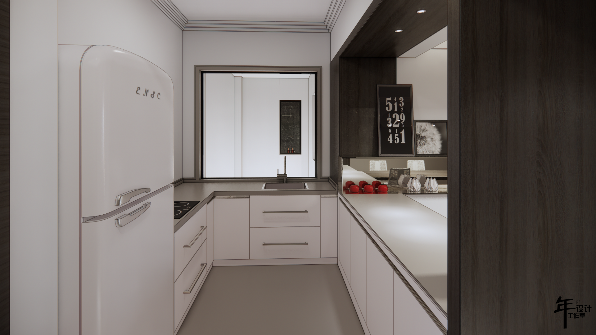 灰色中性网格的现代之家 | 实木、铬、红色点亮空间-9