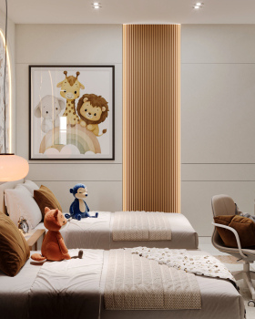 Soft Minimal Twin Bedroom with Playful Warm Accents