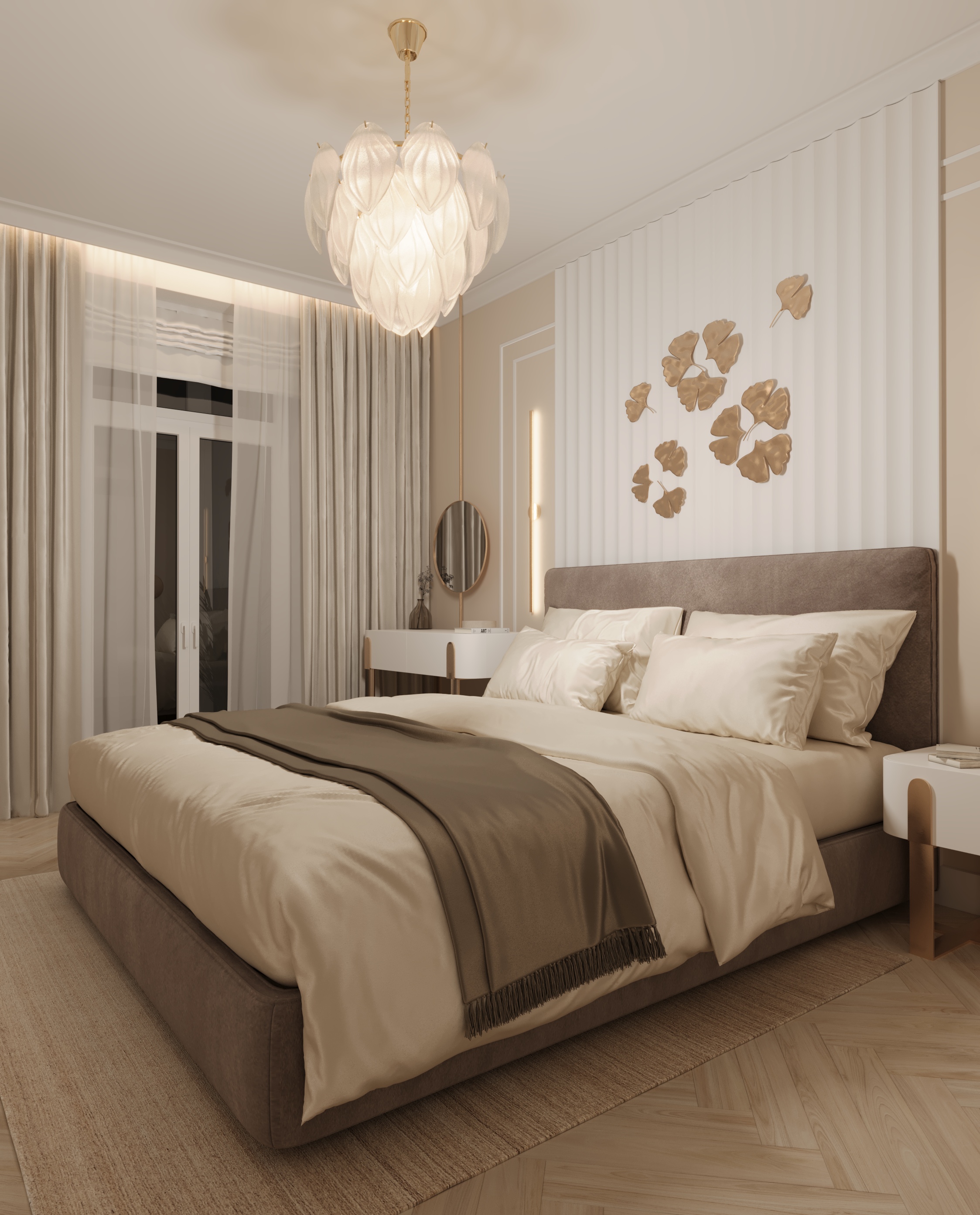 Beige color bedroom with metal decor 3D visualisation-7