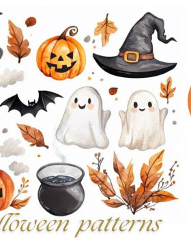 Watercolor Spooky Halloween Clipart Set .