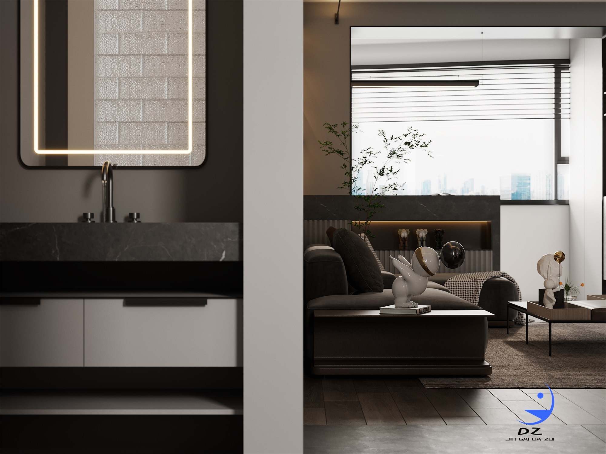 现代黑白系客餐厅卧室过道效果图-6