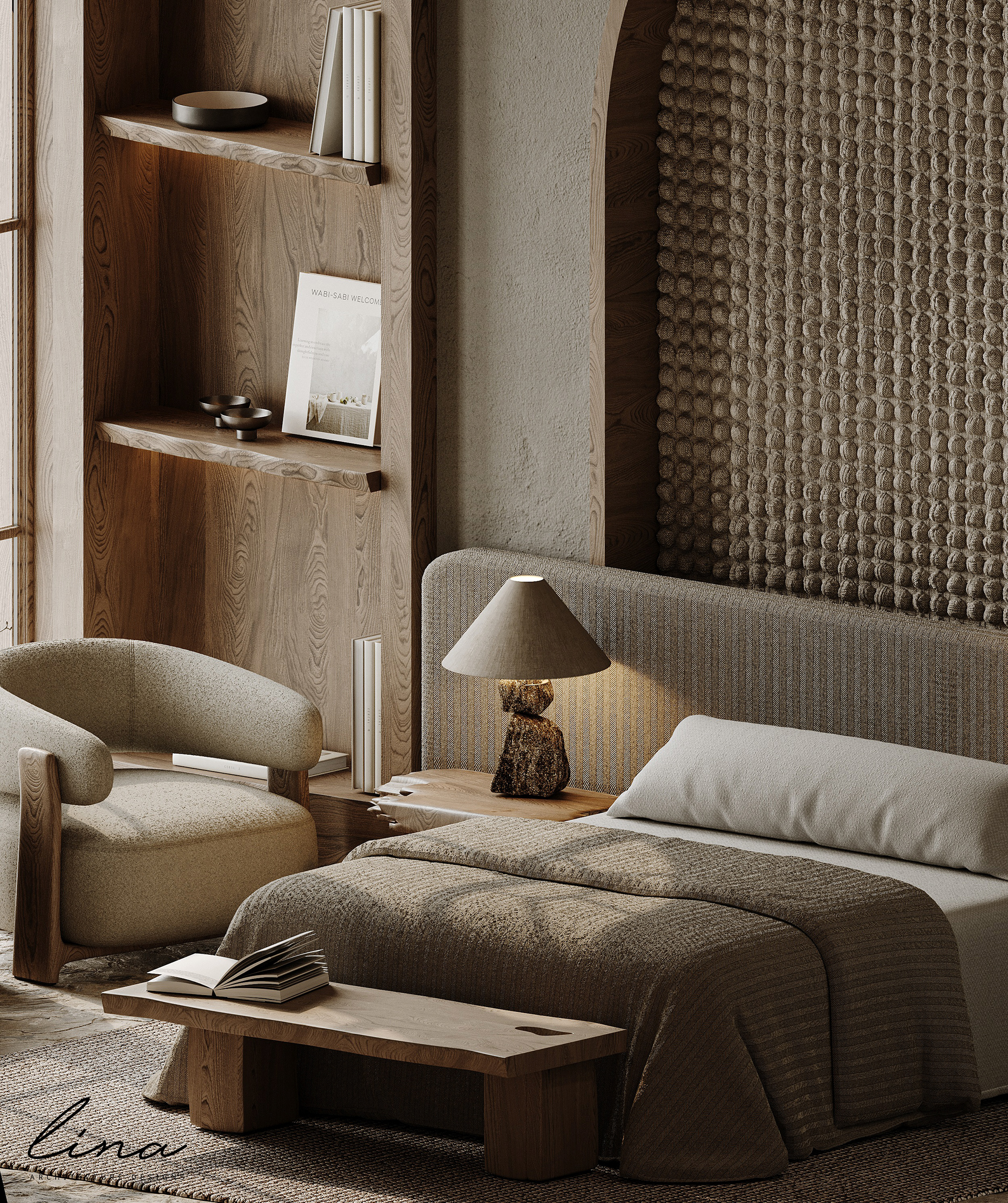 侘寂风房间

注：WABI SABI是源自日本美学概念侘寂，代表一种追求自然、质朴、残缺之美的理念 丨Ethar Nasser-10