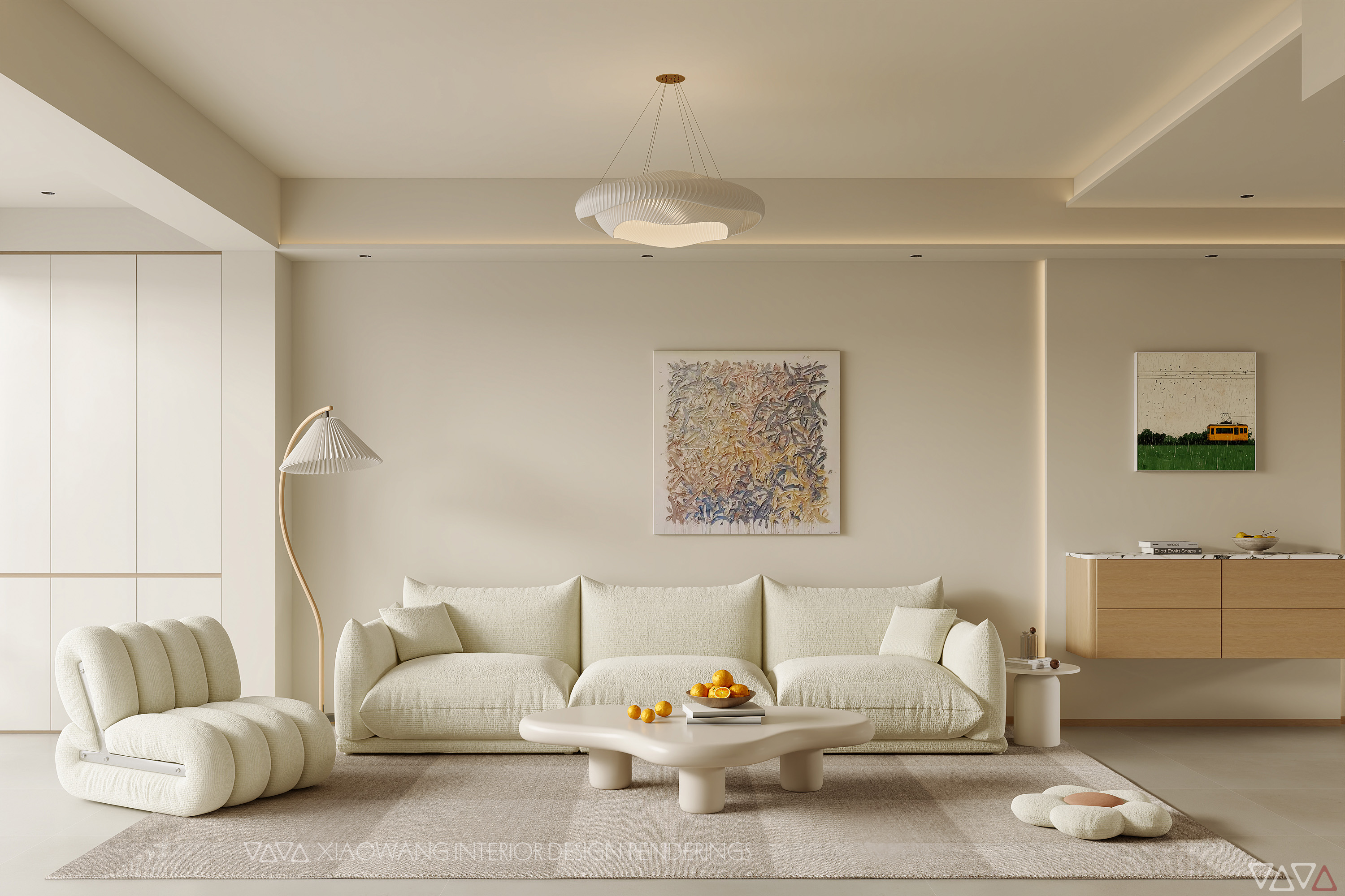 现代简约奶油风客餐厅效果图-2