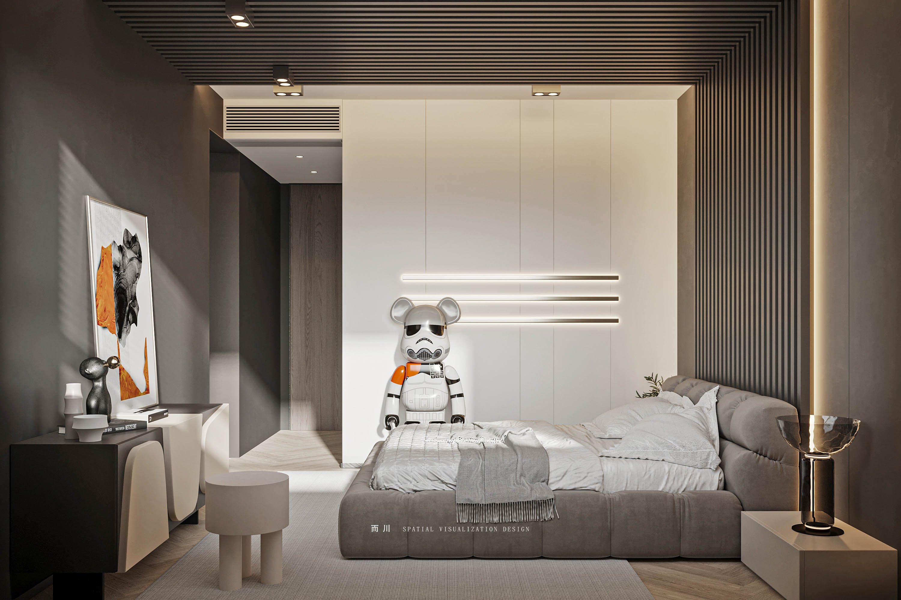 现代意式榻榻米卧室设计丨而川空间可视化工作室-9