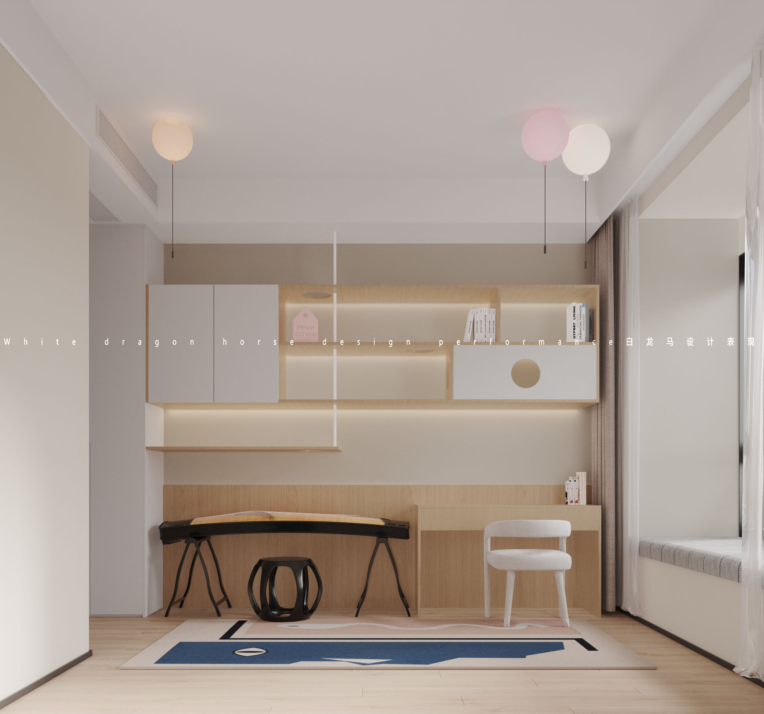 奶油风客餐厅卧室——白龙马效果图-5