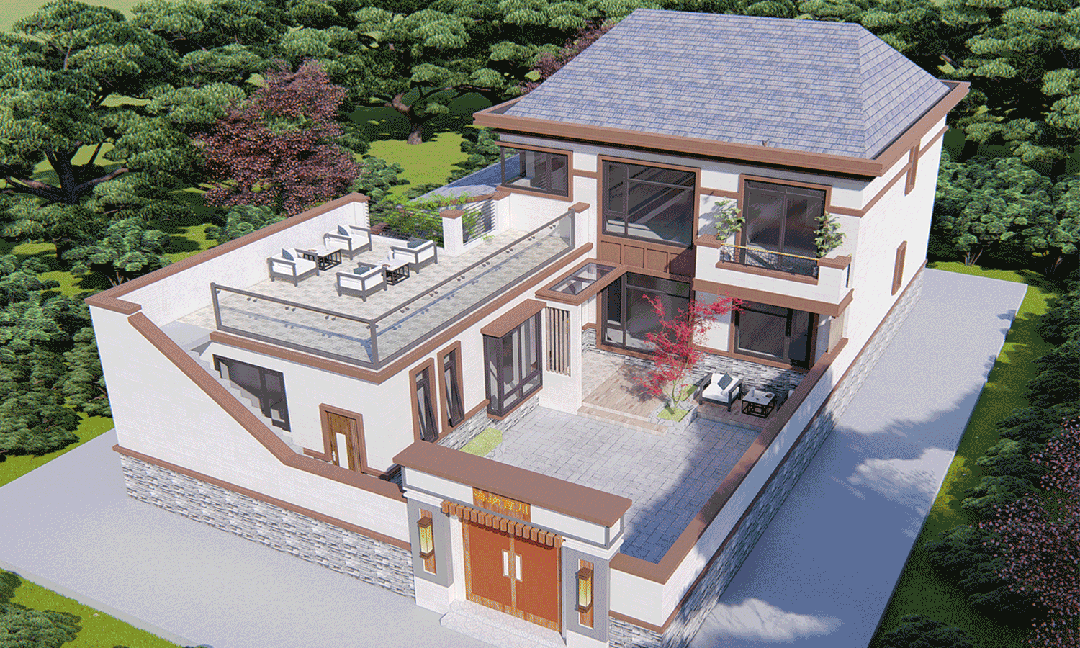 【设计师案例】土建参考造价68万，面宽13.4m×进深18m北京密云二层新中式别墅-1