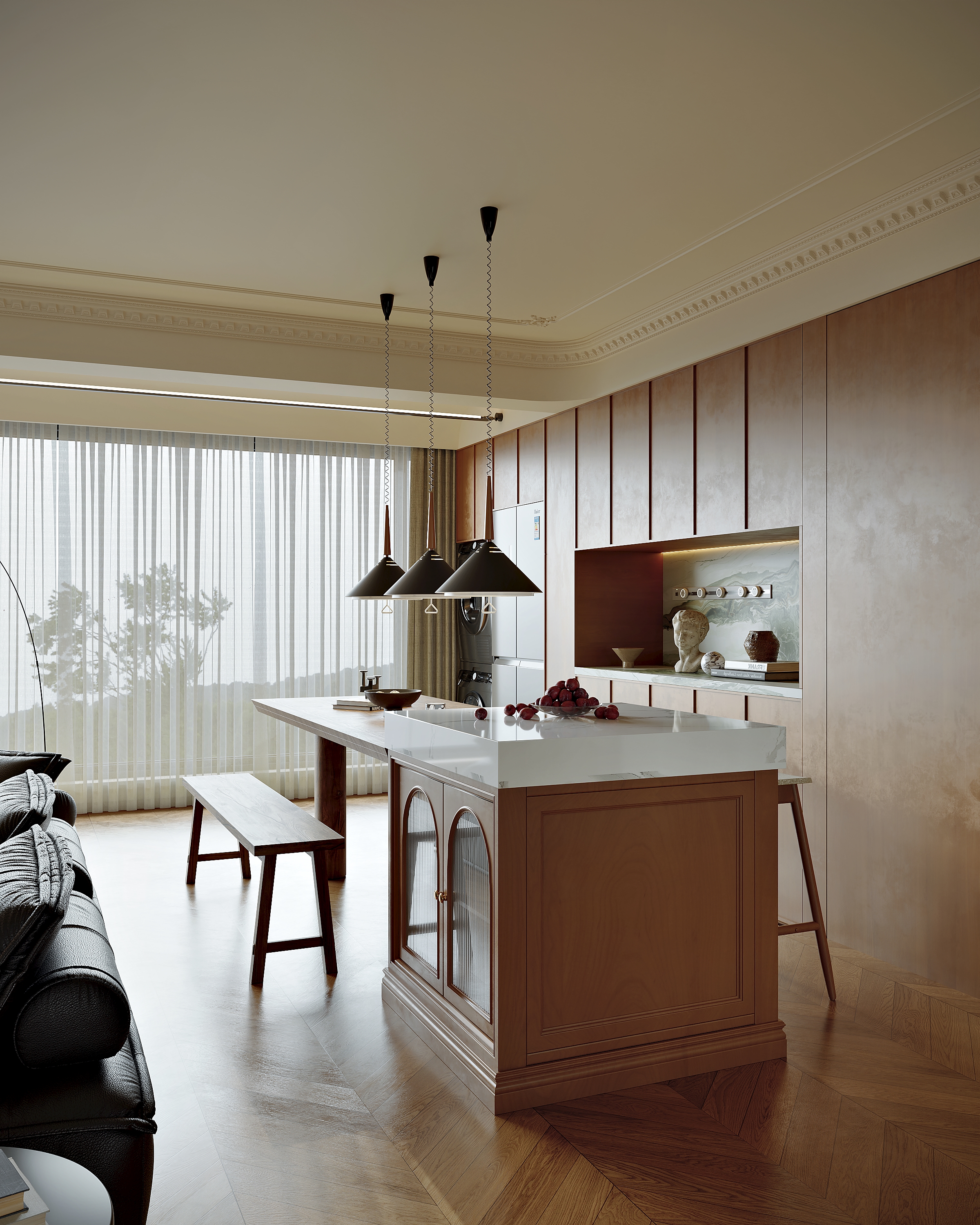 法式 奶油风 中古风客餐厅效果图-2