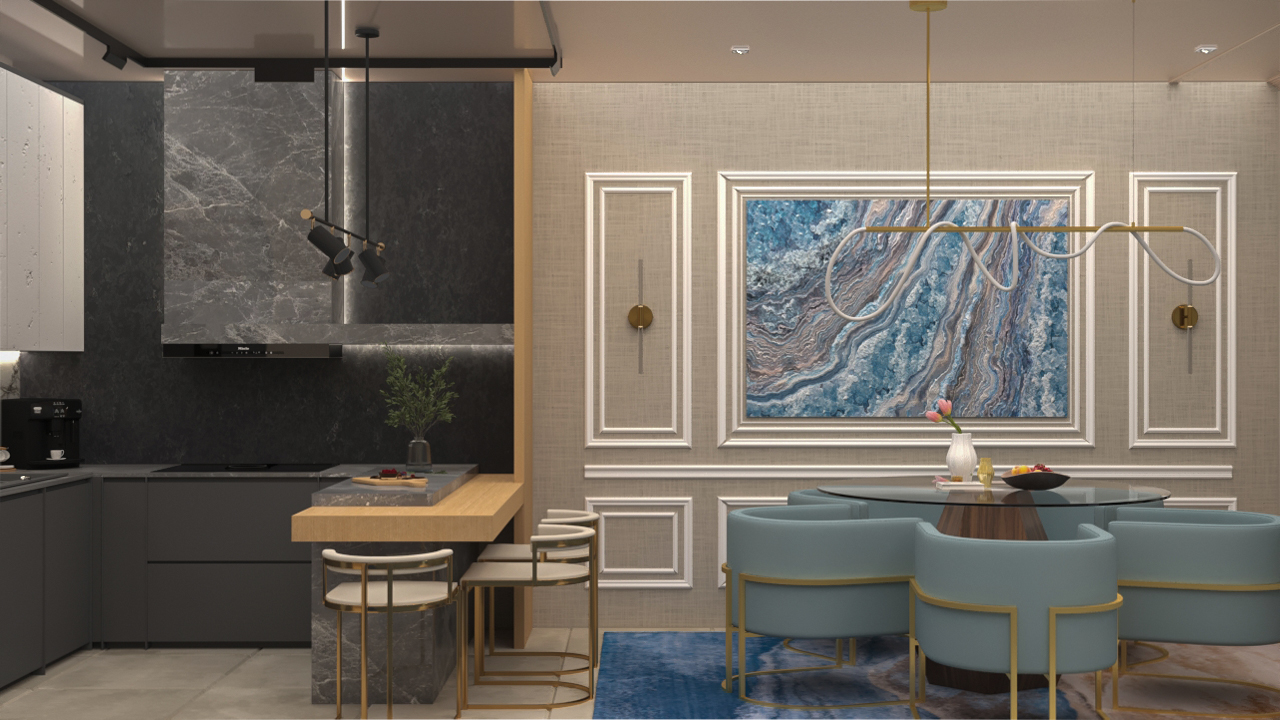 Studio apartment 3D modeling. Kitchen and Living room.-2