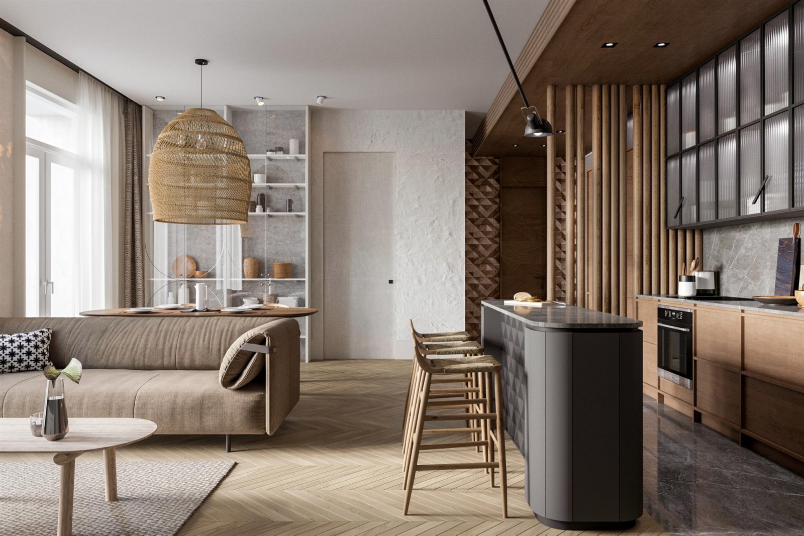 莫斯科 75㎡度假风住宅 | 木质感拱门，藤编元素的温馨空间-0