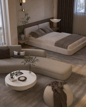 Warm Minimalist Suite–Bedroom, Lounge& Walk-in Wardrobe