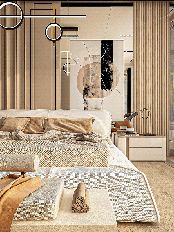 A serene bedroom with a modern minimalist aesthetic.-3