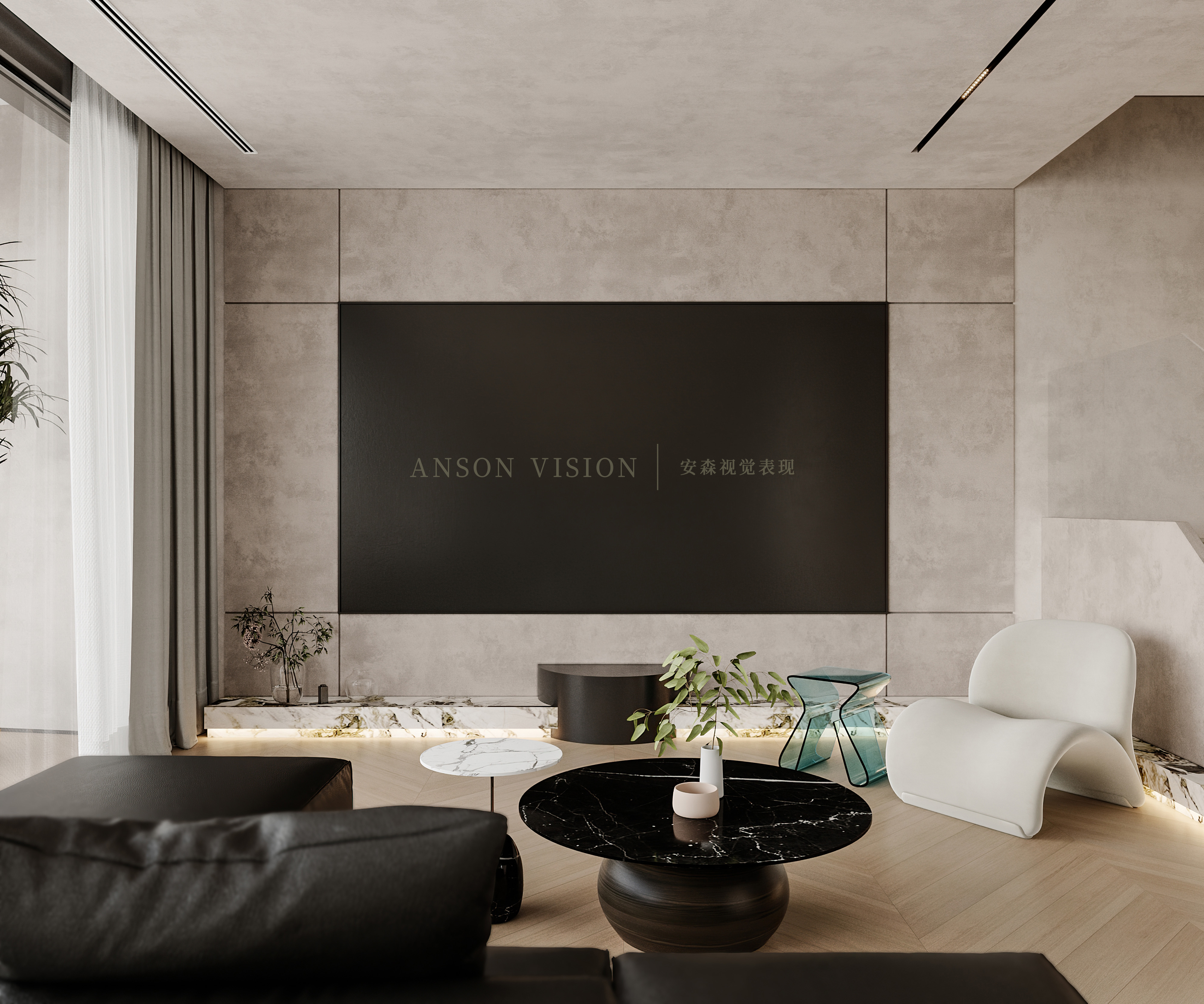 黑暗风现代客餐厅卧室设计案例丨Ansonvision·蒙头睡-5