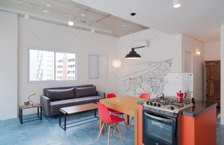 蓝色水泥地板的时尚公寓改造-1