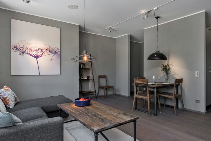 46 平米暗灰色时尚公寓，卧室象征性分离-9