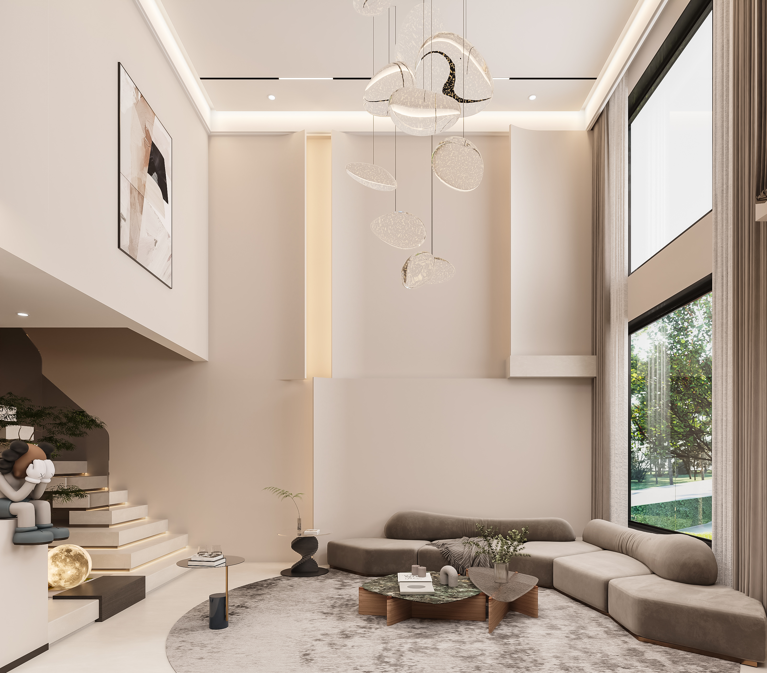 轻奢挑空别墅客餐厅效果图表现-0