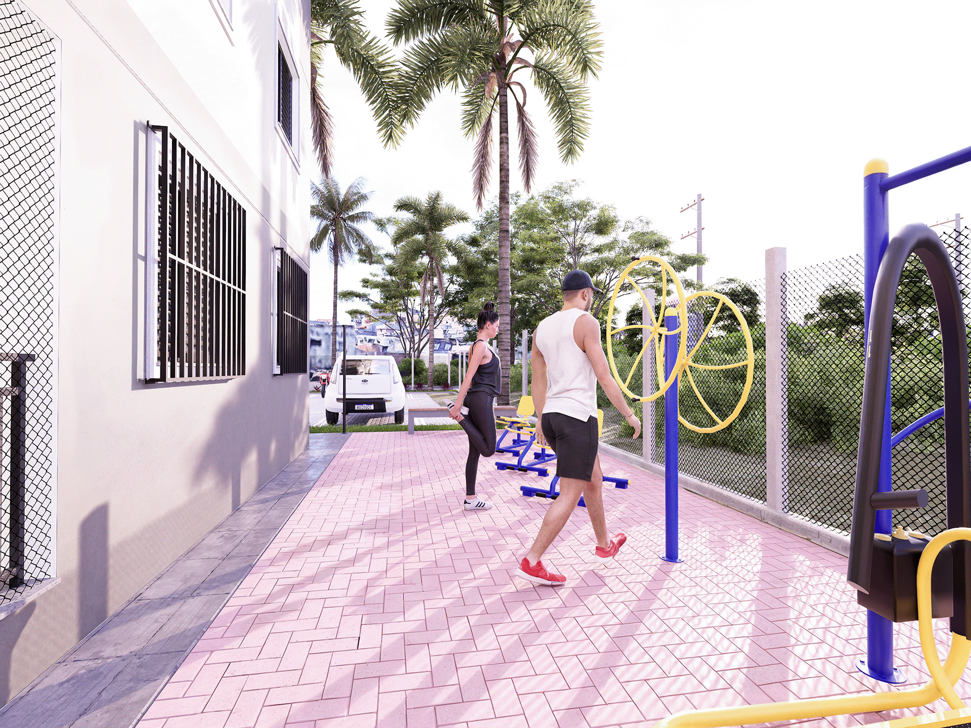 Visualização Arquitetônica: Fachada e Área de Lazer-13