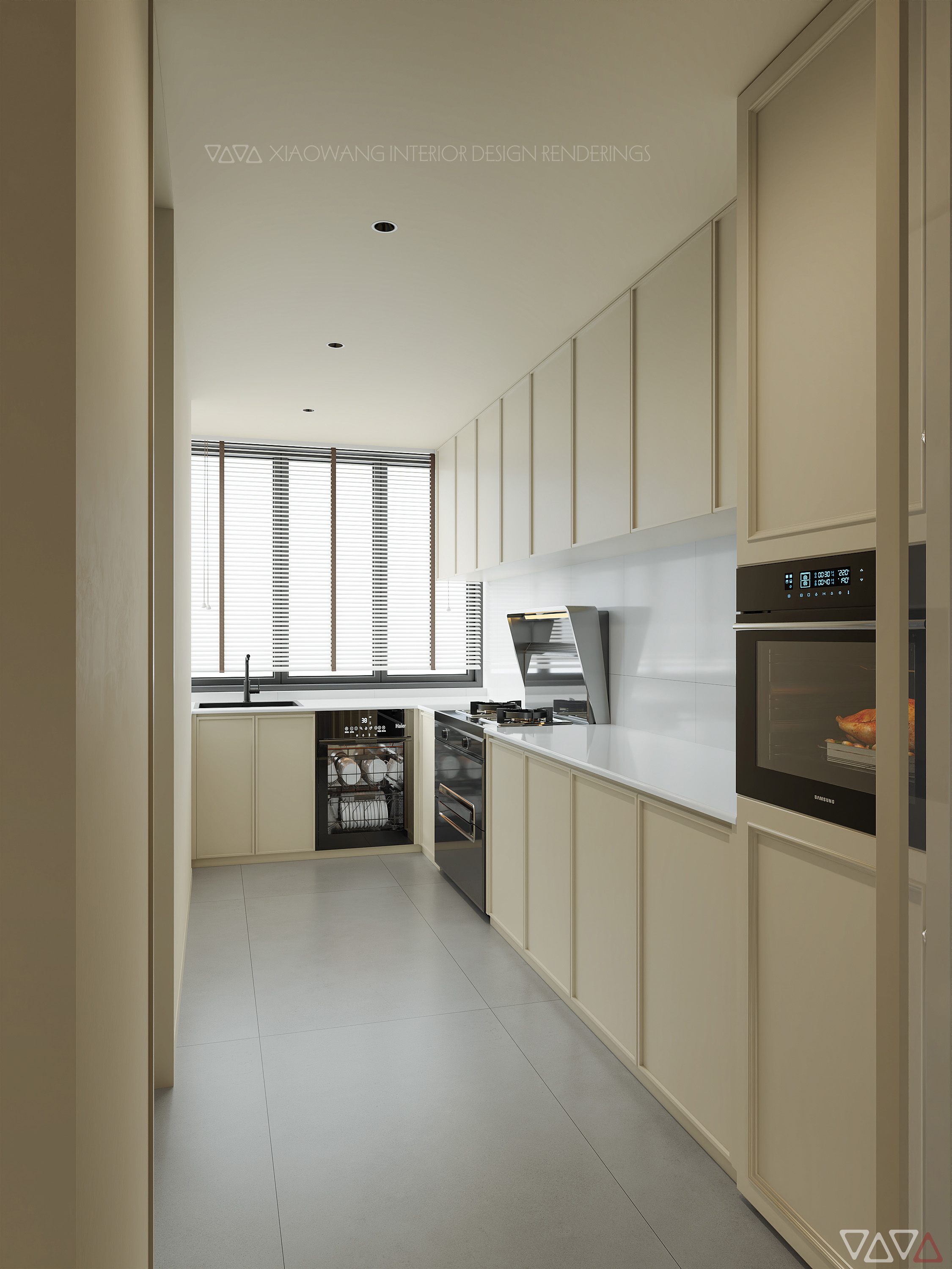 法式奶油风客餐厅效果图-13