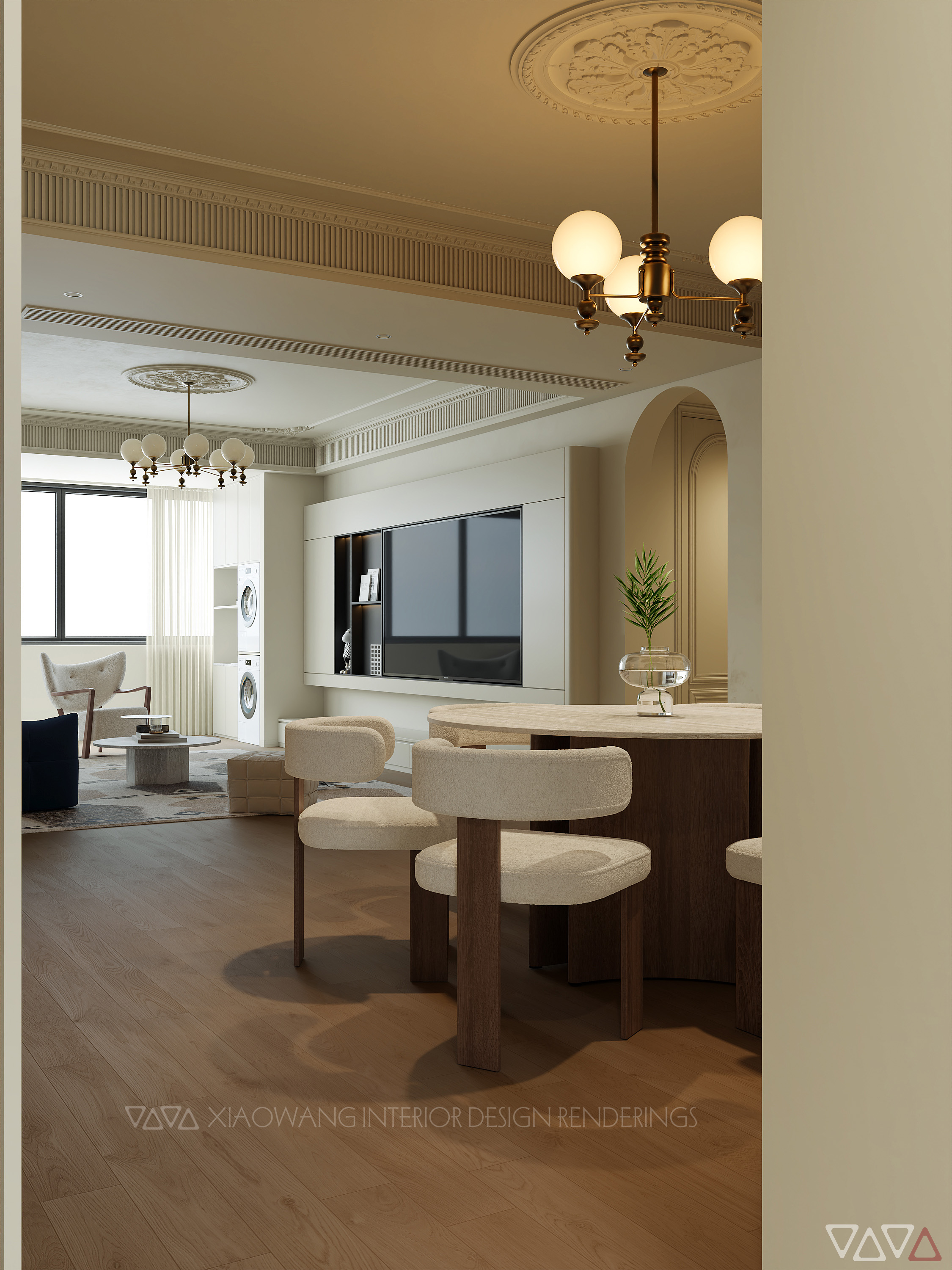 法式奶油风客餐厅效果图-15