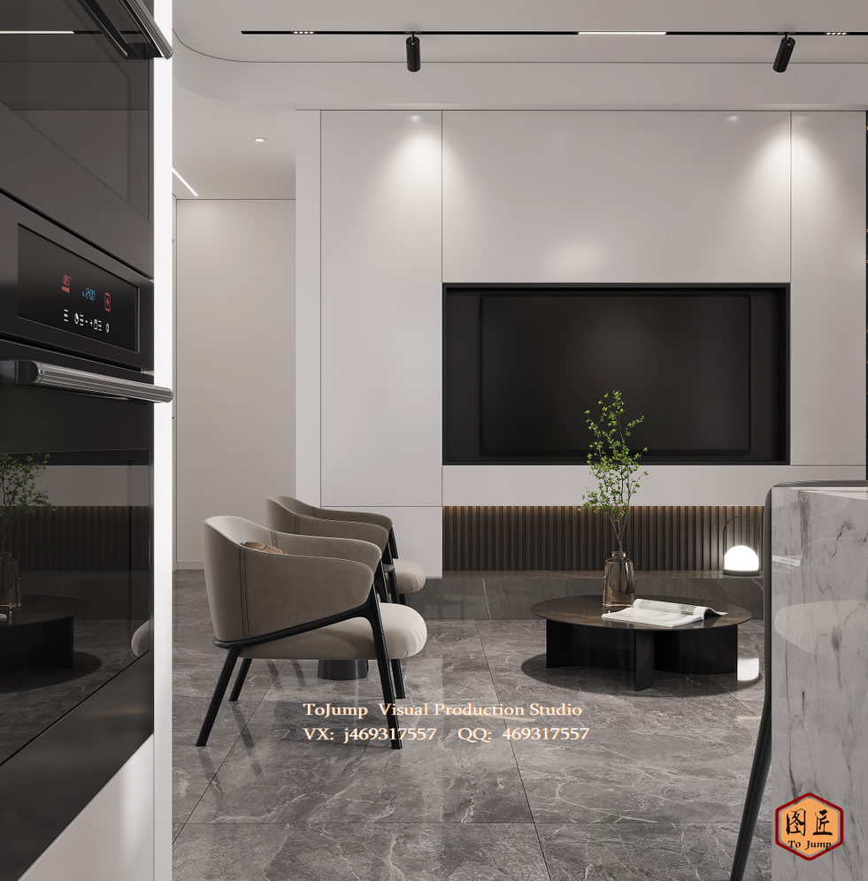 现代极简客餐厅黑白灰实效效果图-5