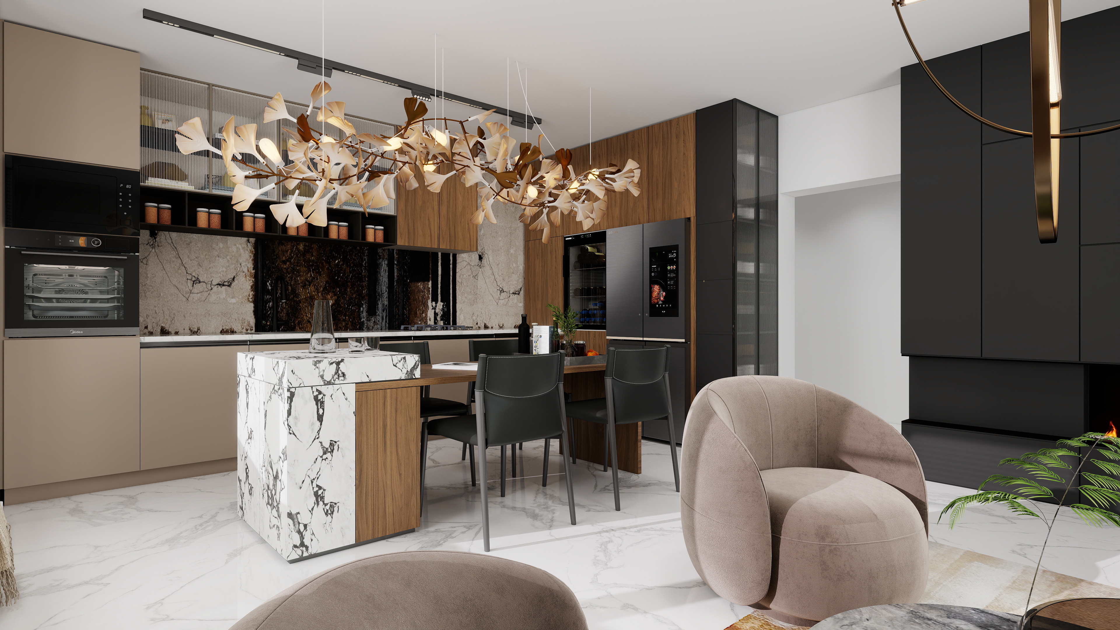 Modern Living Room & Kitchen | Interior Visualization-1