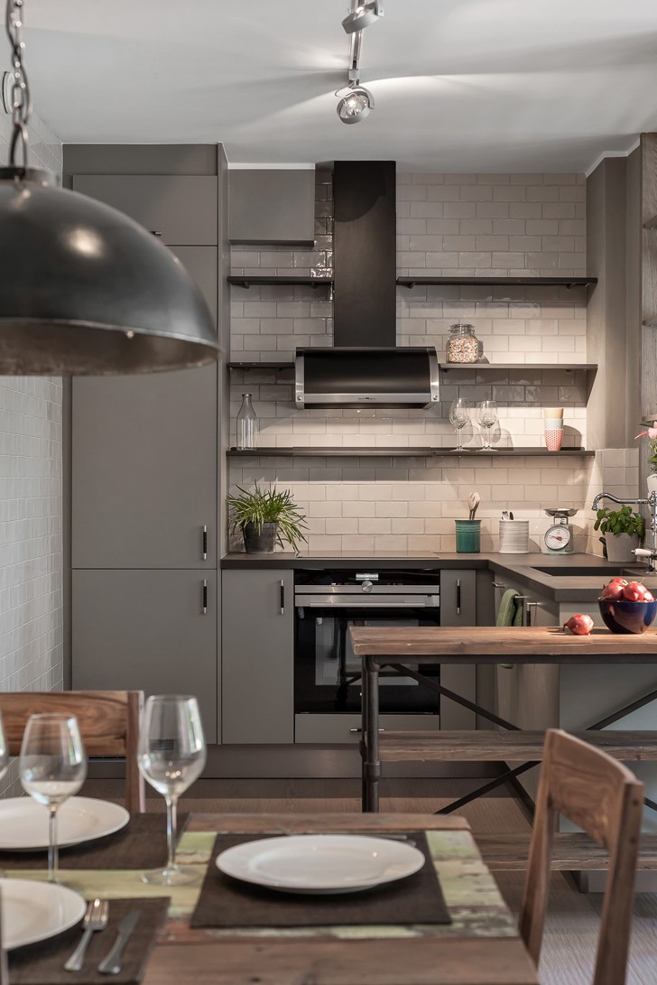 46 平米暗灰色时尚公寓，卧室象征性分离-8