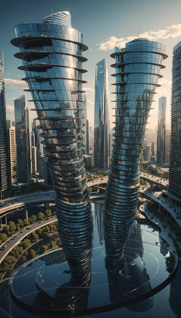 A pair of modern, twisting skyscrapers with dark,-2