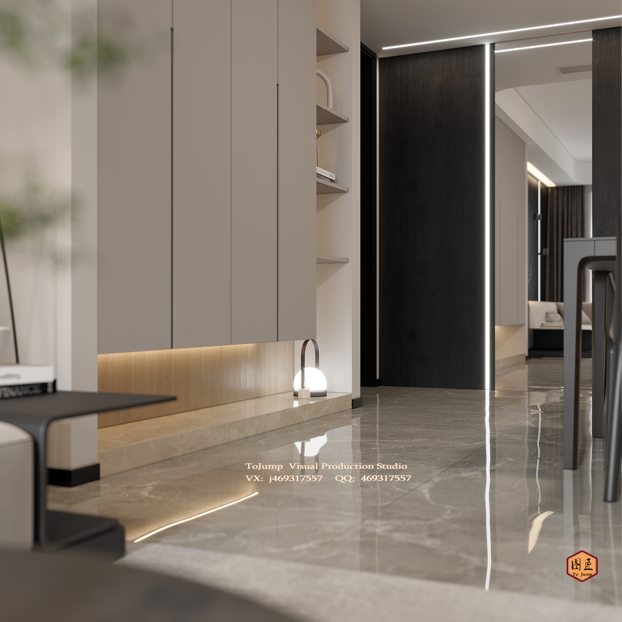 现代黑白灰客餐厅写实渲染效果图-9