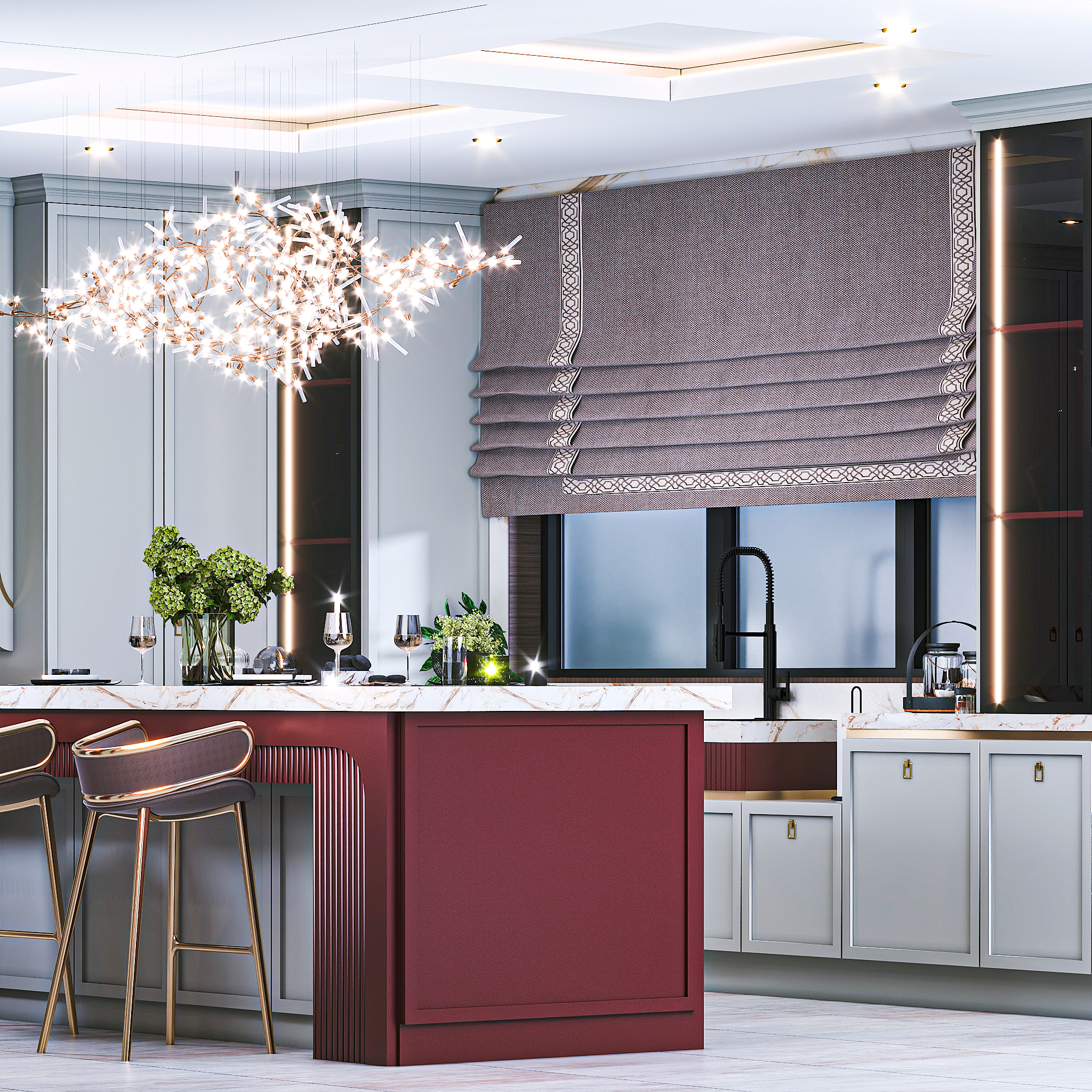“Red & Grey Neoclassic Kitchen Design”-2