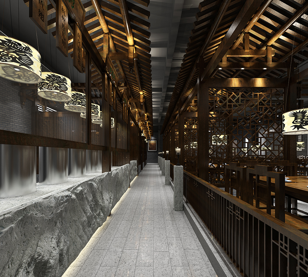 餐厅设计效果图中餐厅餐厅包间包房小吃店面馆工业主题餐厅-14