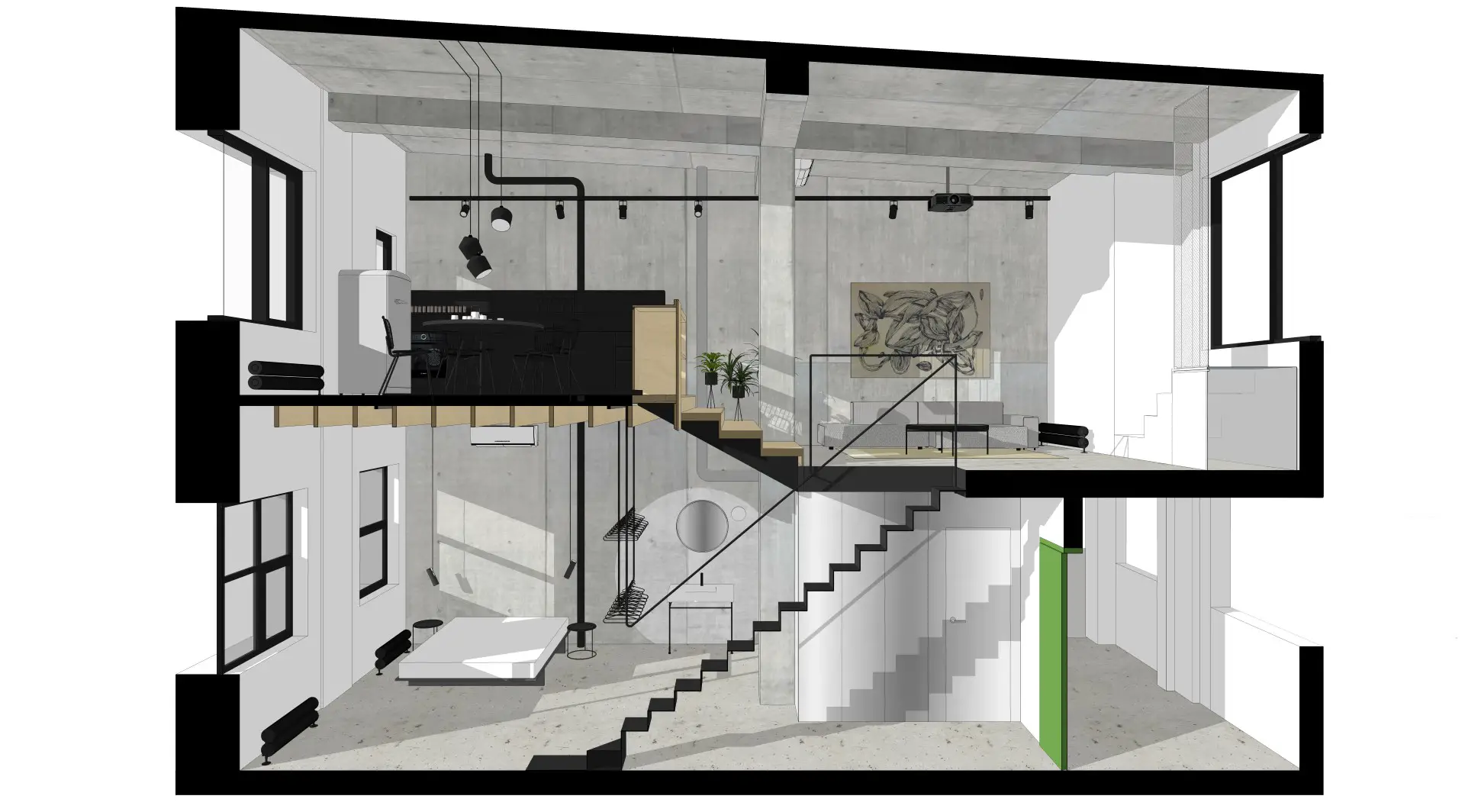 垂直 loft 工业风设计 | 混凝土、木头和金属的完美融合-21