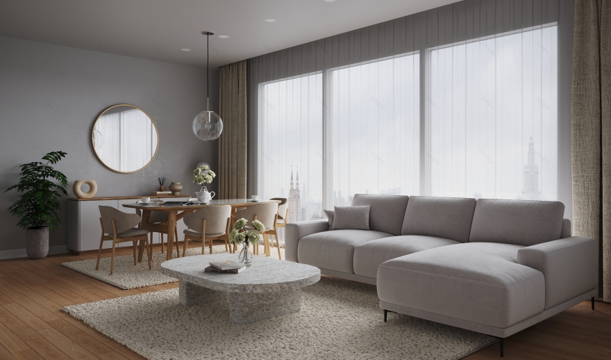Soft Minimal Living & Dining Area | 3D Visualization-1