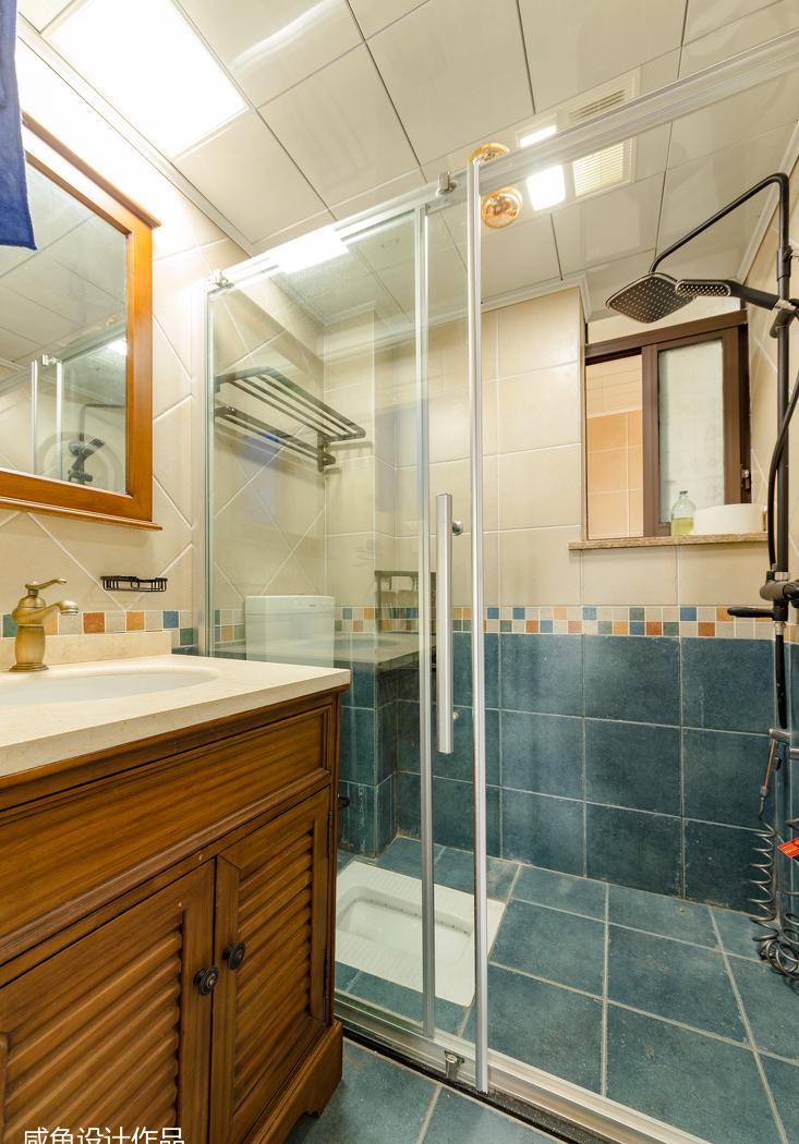 蓝色客厅文化石装饰，儿童房粉红榻榻米-24