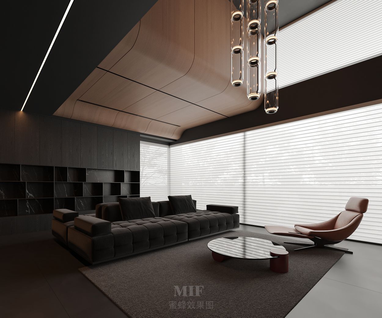 深色系别墅厅渲染-1