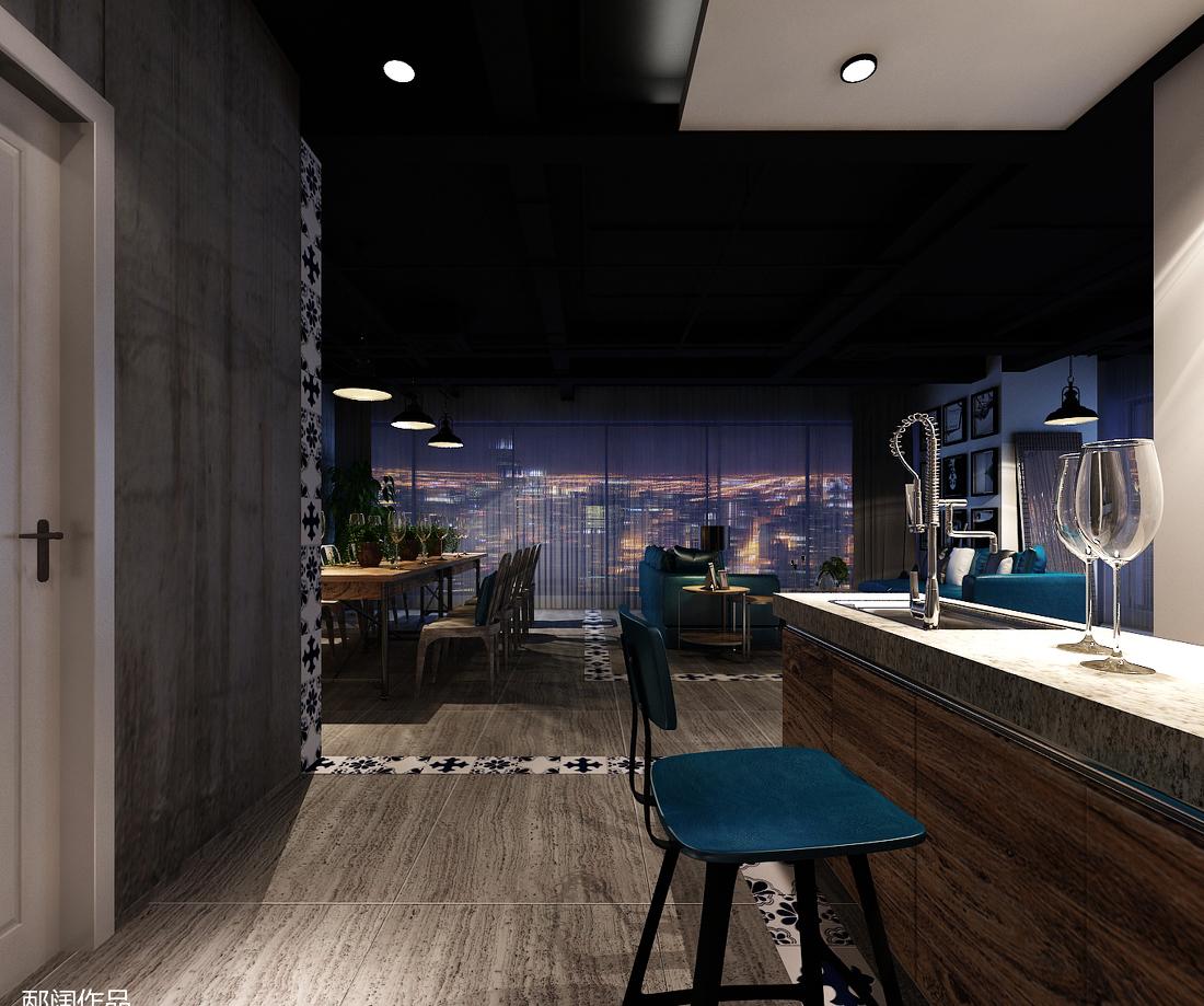 复古工业风 SOHO 设计，老船木酒柜与蓝白花砖碰撞火花-0