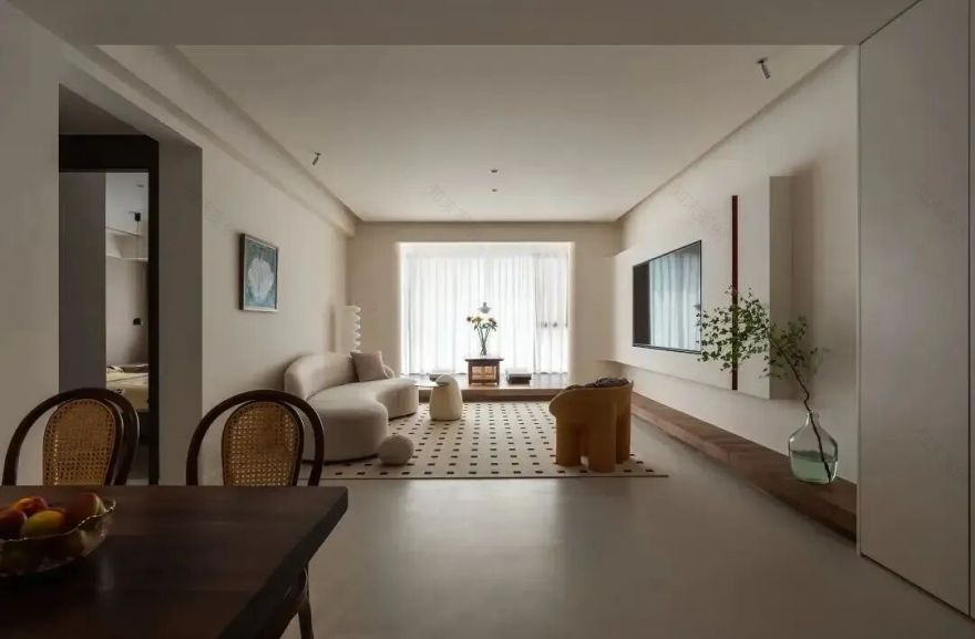 珠海14万130㎡三居,从客餐厅一体到阳台休闲区的奶油风改造-6