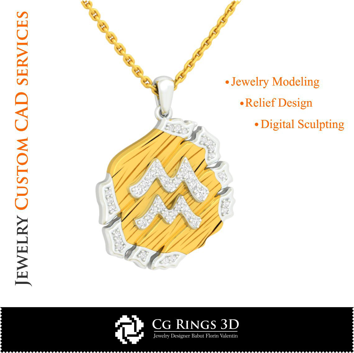 Jewelry.Aquarius Zodiac Pendant - 3D CAD-1