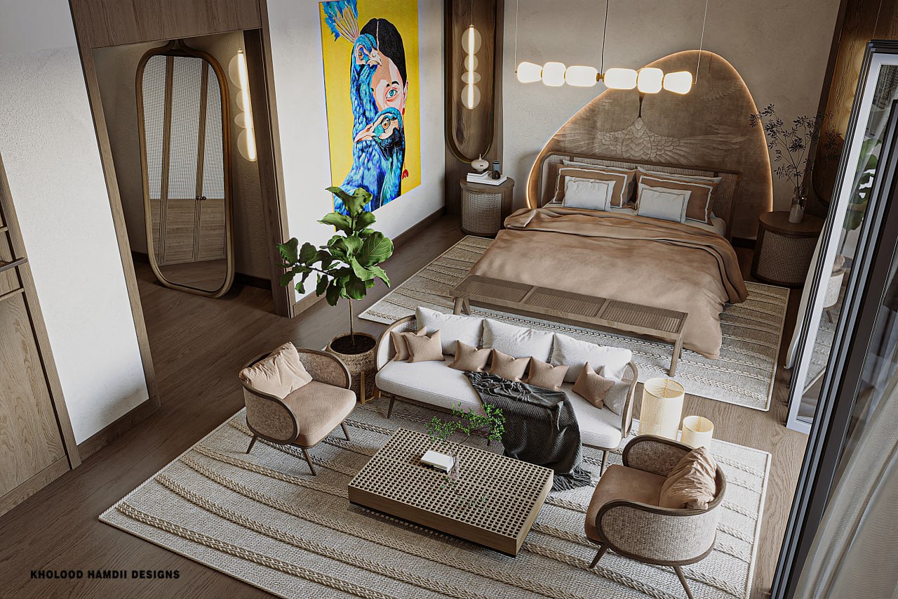 Modern organic bedroom design with Rattan touch-6