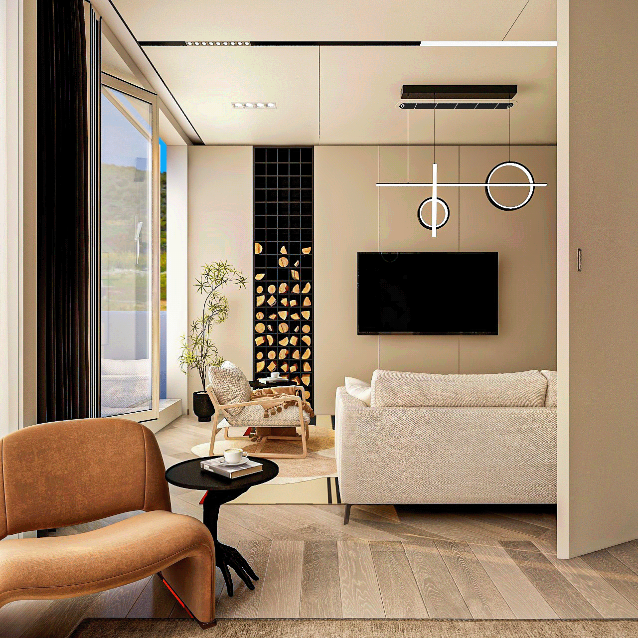 A serene bedroom with a modern minimalist aesthetic.-7