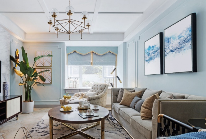 客厅的水洗蓝和卧室的静谧蓝共同营造出一个宁静雅致的-1