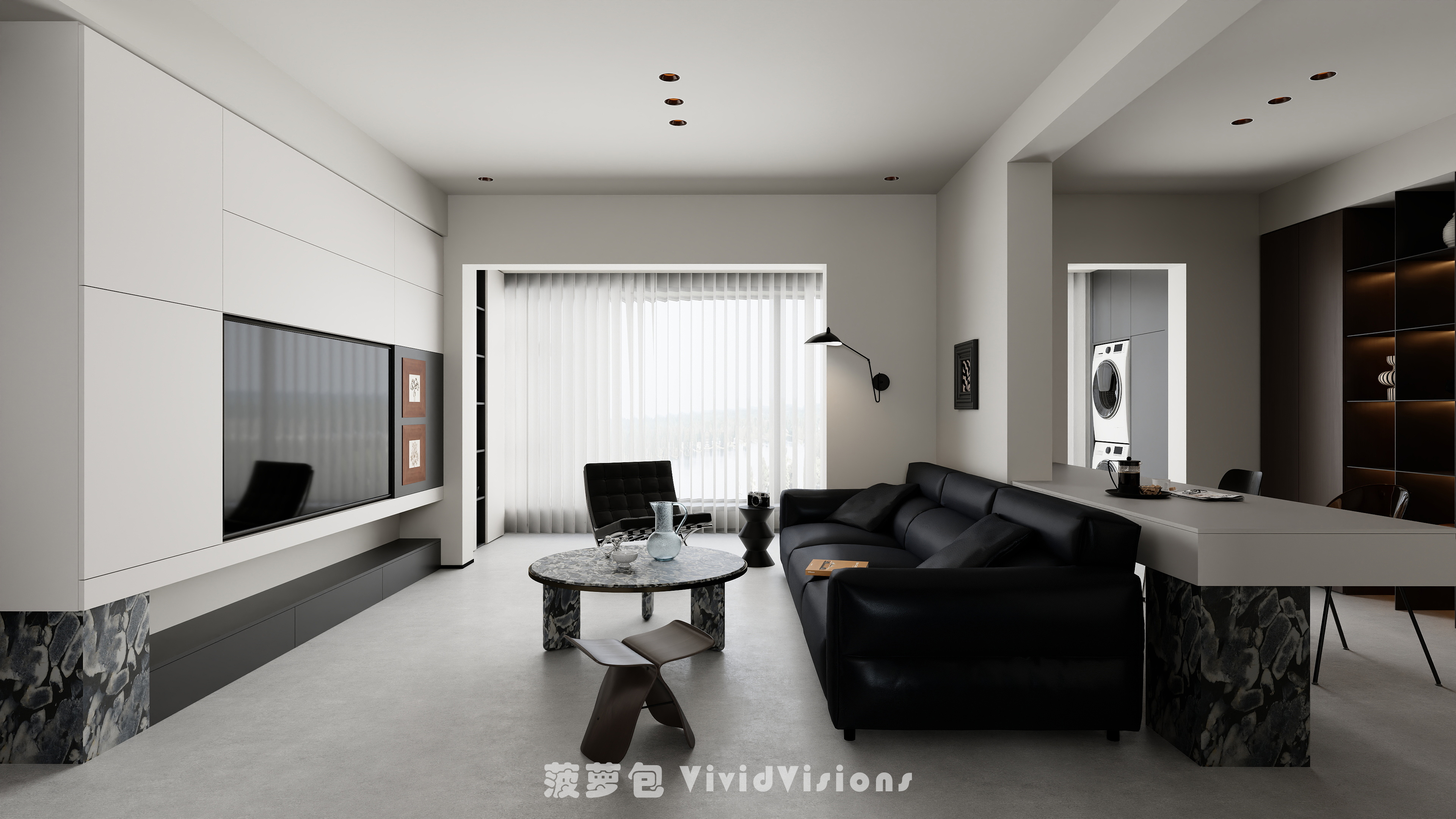 极简黑白客餐厅设计丨专业个人全职效果图代画-4